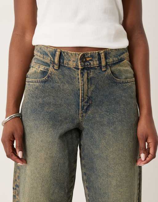 Dickies herndon mid rise loose wide leg denim jeans in indigo with yellow fade