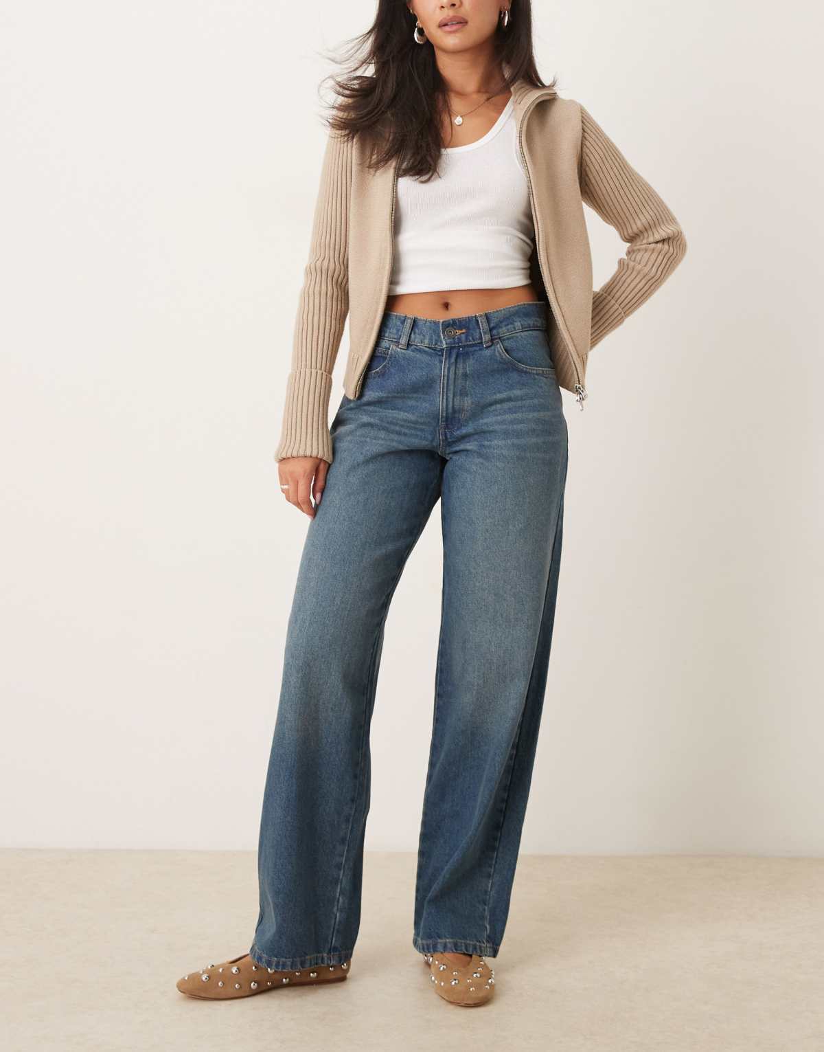 Dickies herndon mid rise loose wide leg denim jeans in khaki tinted blue