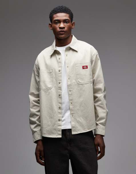 Dickies Hickory striped long sleeve work shirt in off white