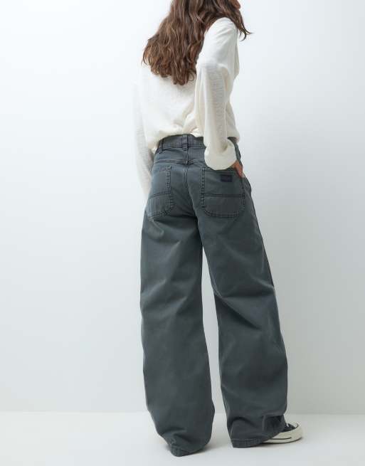 Dickies Imlay low waist barrel leg canvas pant in dark charcoal, 3 of 5