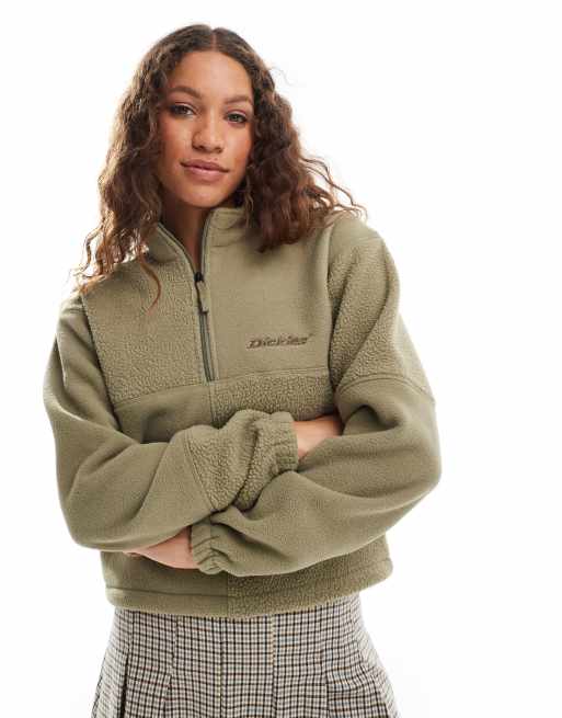 Dickies - Kakigrøn trøje i polar- og sherpa-fleece med kort lynlås