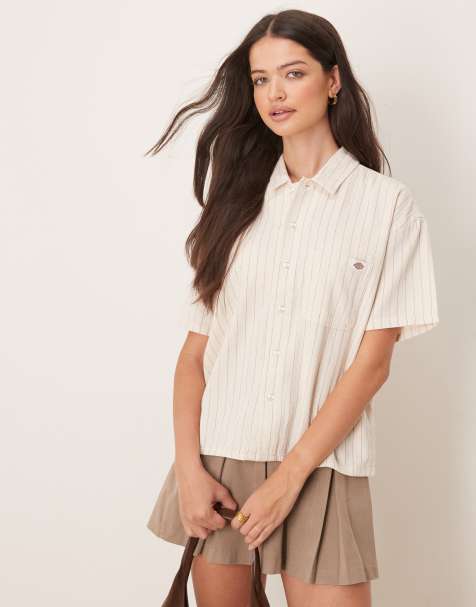 Dickies – Koszula oversize z krótkimi rękawami w kolorze złamanej bieli ze wzorem w paski - view 1