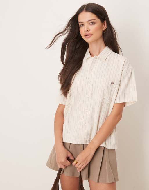 Dickies – Koszula oversize z krótkimi rękawami w kolorze złamanej bieli ze wzorem w paski