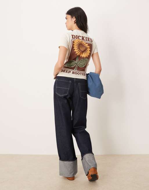 Dickies – Krótki T-shirt w kolorze złamanej bieli z grafiką ze słonecznikiem na plecach – tylko w ASOS