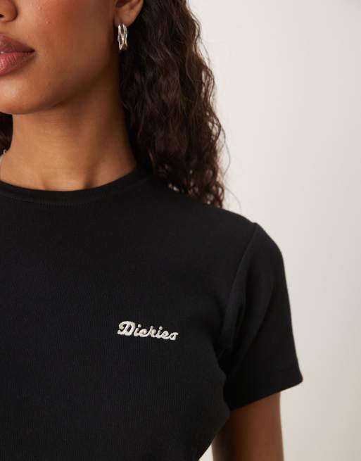 Dickies lewistown embroidered logo long line baby tee in black, 2 of 4