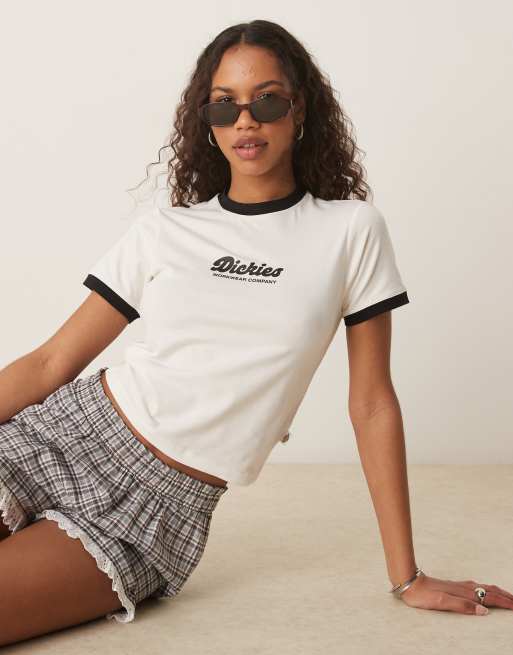 Dickies – Lewistown – Krótki i obcisły T-shirt w kolorze złamanej bieli z kontrastowym wykończeniem