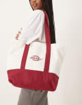 [Dickies] Dickies logo canvas tote bag in off white and burgundy One Size Off white