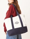 [Dickies] Dickies logo canvas tote bag in off white and navy One Size NAVY