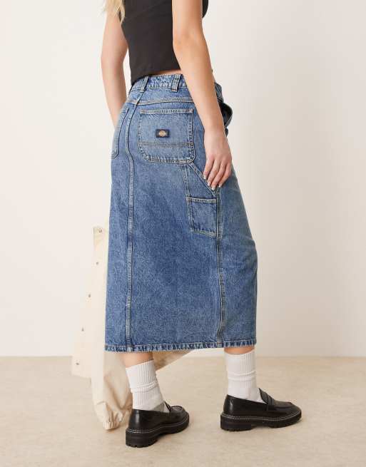 Dickies long denim skirt with front slit in rinsed blue with fade