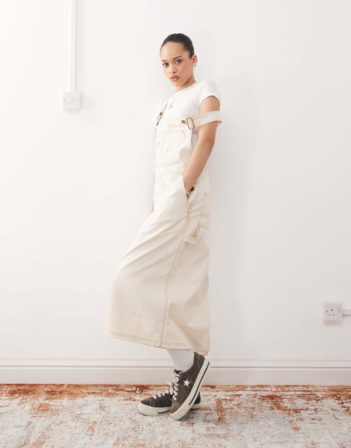 Dickies long overall denim dungaree dress in off white