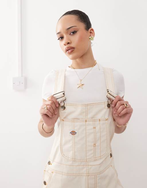 Dickies long overall denim dungaree dress in off white ASOS