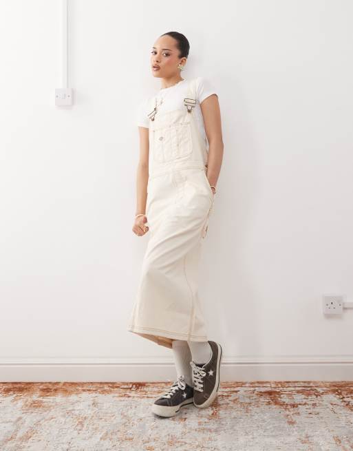 Dickies long overall denim dungaree dress in off white ASOS