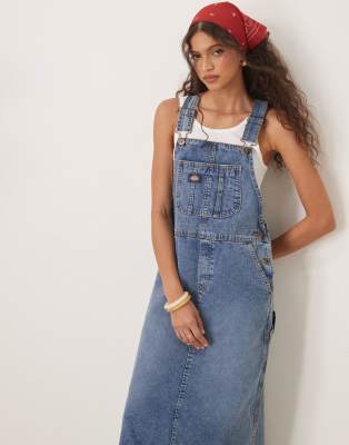 Dickies Dickies long overall denim dungaree dress in rinsed blue with fade