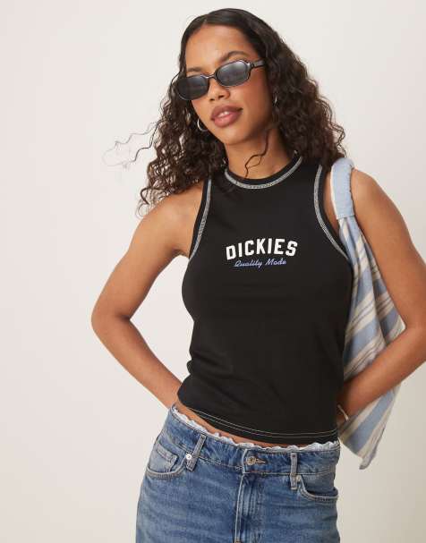 Dickies – Longline-Trägertop in Schwarz mit Ringerrücken und mittigem Logo - view 1