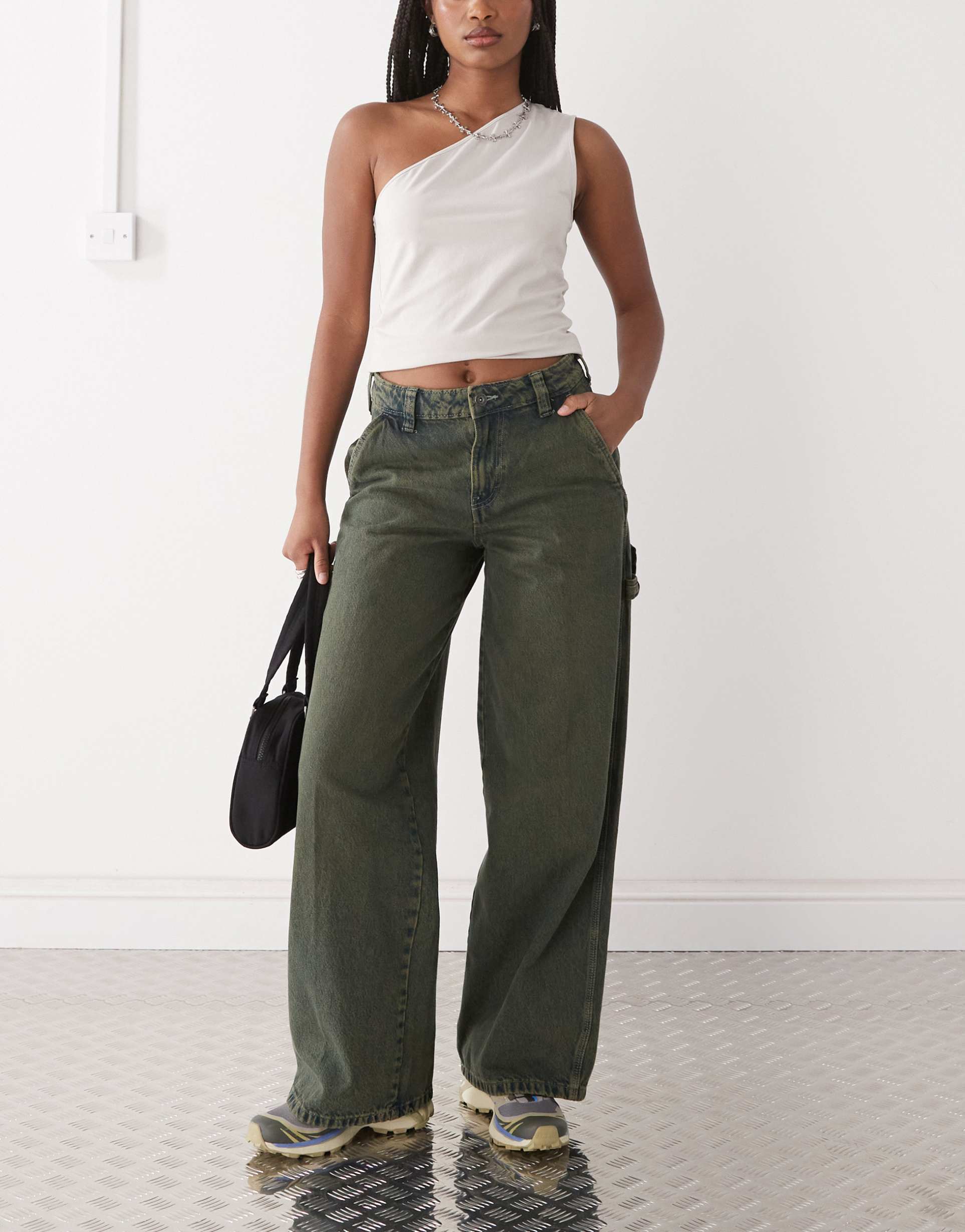 dickies loose denim carpenter pants in blue with yellow rinse