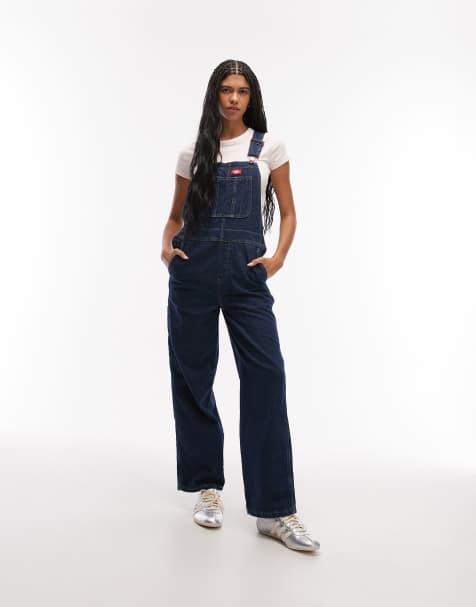 Dickies loose denim dungarees in dark indigo - view 1
