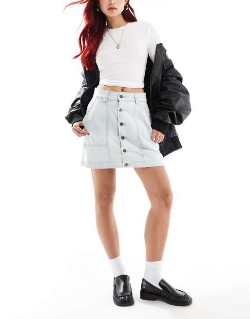 Dickies Madison button up denim mini skirt in light blue | ASOS
