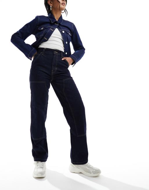 Dickies – Madison – Ciemnoniebieskie jeansy o luźnym kroju z wysokim stanem z przeszyciami na kolanach