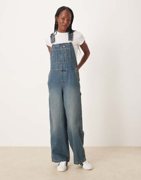 Dickies – Mechanic – Jeans-Latzhose in blau getönt mit Khaki-Farbstich und weitem Bein - view 1