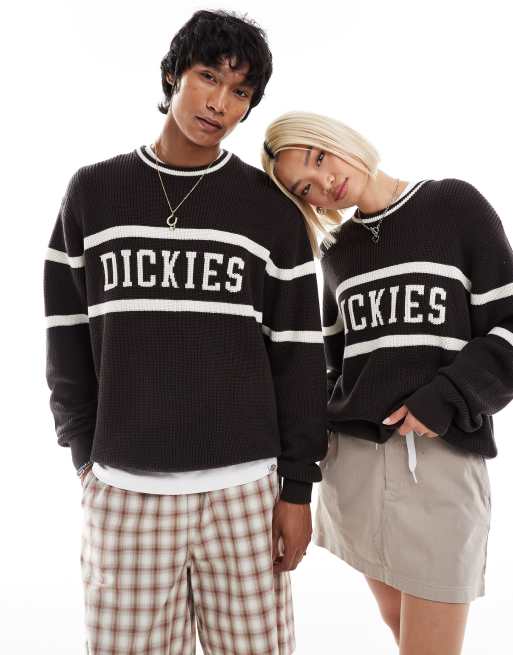 Dickies – Melvern – Ciemnobrązowy dzianinowy sweter z detalami w kolorze złamanej bieli – tylko w ASOS 