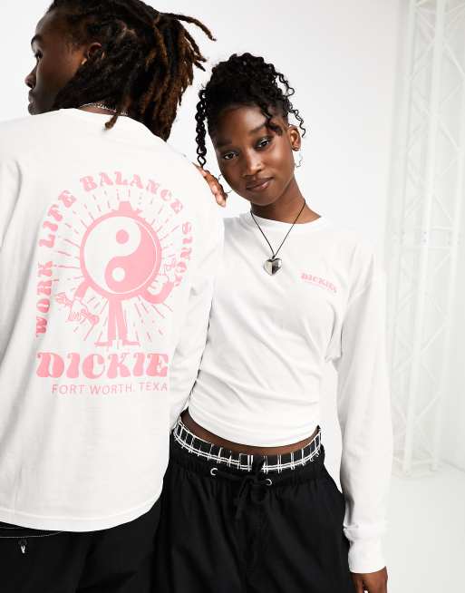 Dickies – Montross – Langärmliges Shirt in Weiß mit Yin-Yang-Print auf dem Rücken