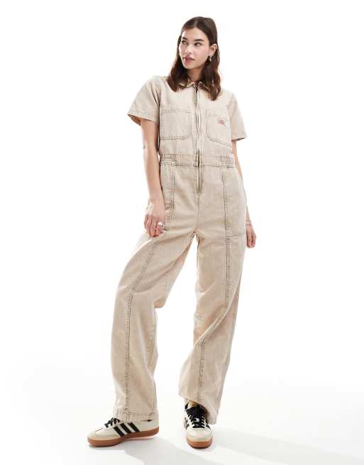 Dickies - Newington - Jumpsuit met wijde pijpen in gebroken wit met wassing 