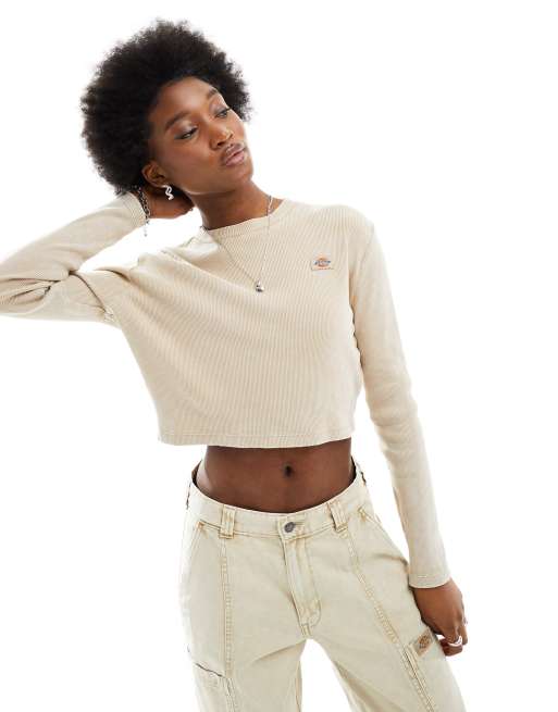 Dickies – Newington – Naturvit, långärmad t-shirt med tvättad finish 