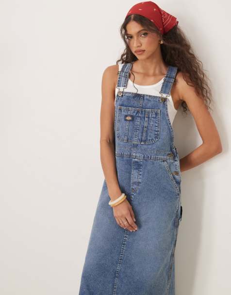 Dickies long overall denim dungaree dress in rinsed blue with fade