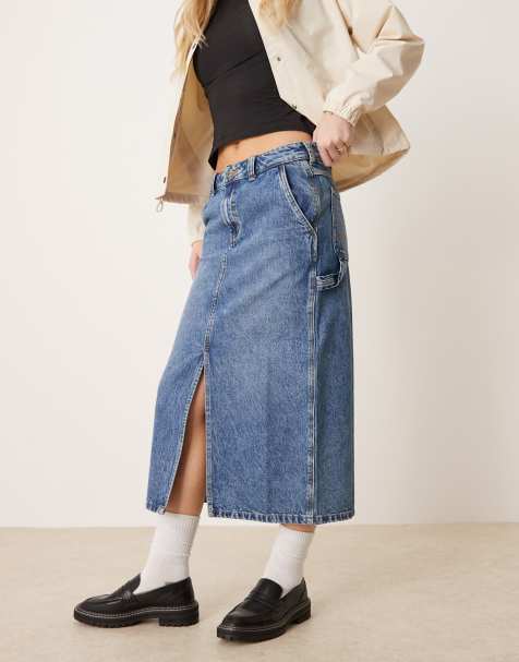Dickies long denim skirt with front slit in rinsed blue with fade