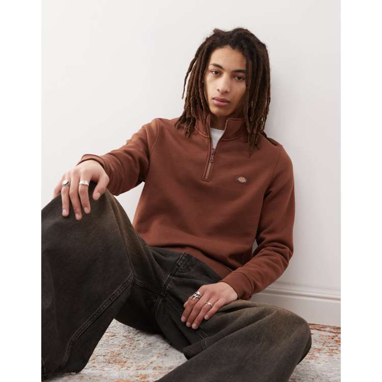 Dickies oakport small logo quarter zip jumper in cappuccino brown