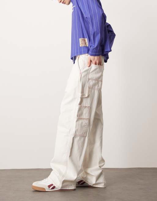 Dickies - Pantaloni larghi bianco sporco con cuciture a contrasto, 2 di 5