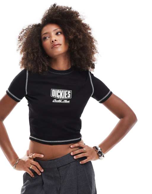 Dickies Philipsburg contrast stitch baby tee in black | ASOS