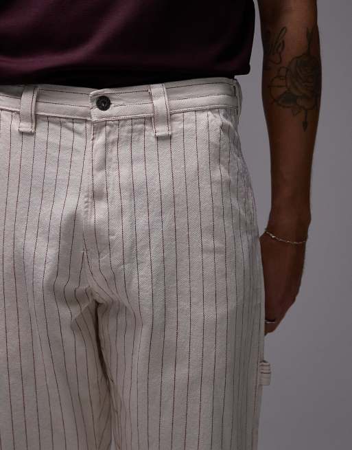 Dickies pinstripe carpenter pants in off white and red, 4 of 5