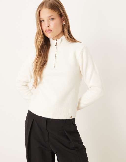 Dickies ruston 1/4 zip knitted jumper with backprint logo in off