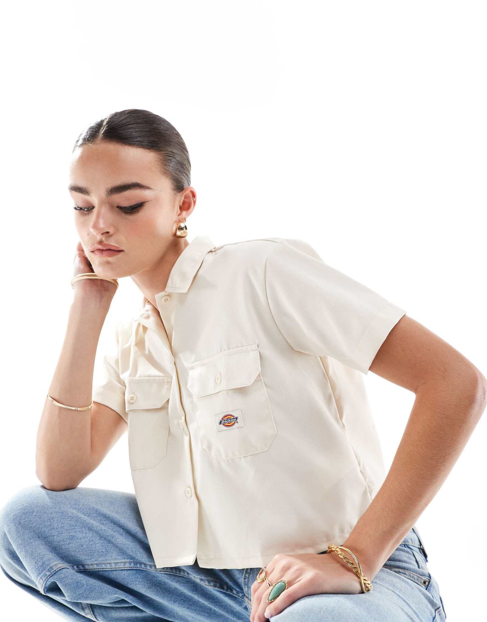 Укороченная рабочая рубашка Dickies бежевого цвета с коротким рукавом 10190₽