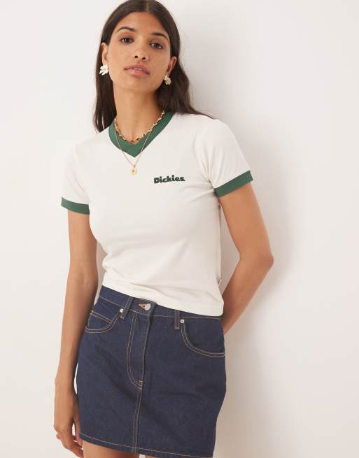 Dickies - Slayden - Offwhite baby-T-shirt med longlinesnit og ringerdetaljer i mørkegrøn, 4 af 4
