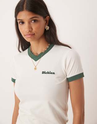 Dickies Dickies slayden ringer long line baby tee in off white with dark green detailing