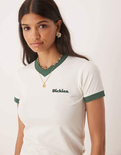 Dickies - Slayden - T-shirt baby taglio lungo bianco sporco con bordi verde scuro