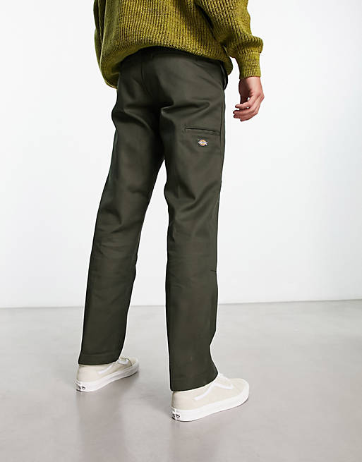 Dickies slim straight double knee work chino pants in olive green