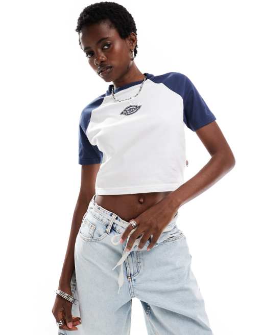 Dickies - Sodaville - Cropped og kortærmet T-shirt i marineblå og hvid - Kun hos ASOS