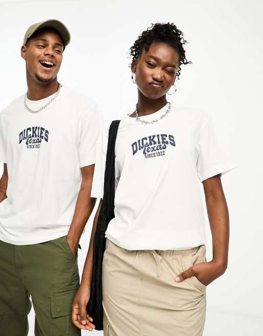 Dickies – Stephens – Vit t-shirt med logga och stadstryck i collegestil