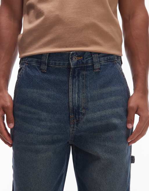 Dickies Stevensville carpenter wide leg denim jeans in khaki tinted blue, 4 of 5
