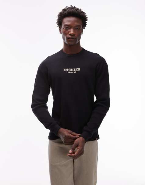 Dickies – Svart, våfflad t-shirt med långa ärmar och centrerad logga - view 1