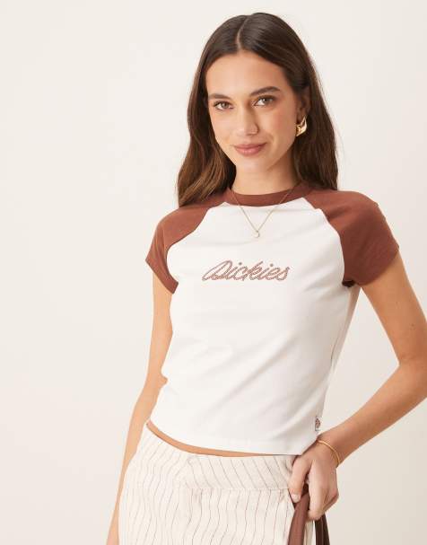 Dickies - T-shirt court à manches raglan avec logo en corde style western - Blanc cassé et marron cappuccino - view 1