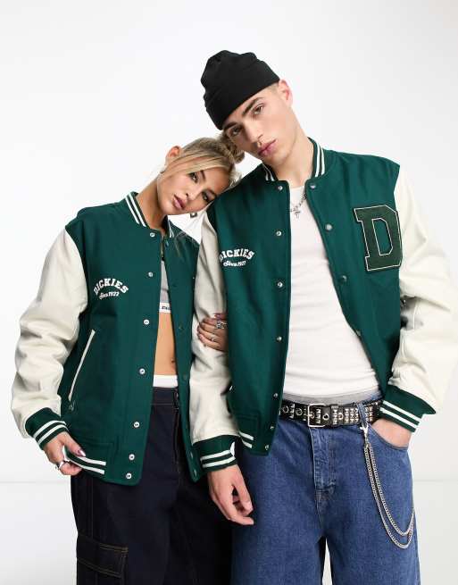 Dickies Unisex – Oak Grove – Kurtka varsity w zielonym kolorze z kontrastowymi rękawami – tylko w ASOS