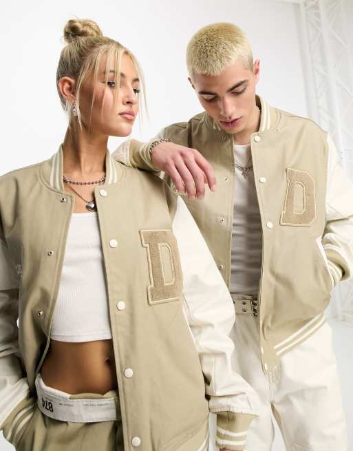 Dickies Unisex oak grove varsity jacket with contrast sleeves in ecru  exclusive to asos