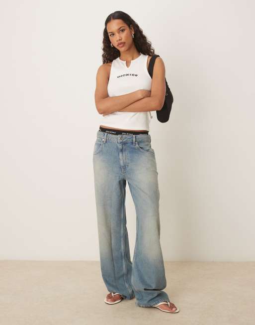 Dickies v neck longline singlet in off white, 4 of 4