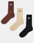 [Dickies] Dickies Valley Grove 3 pack crew socks in brown multi 35-38 BROWN