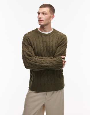 Vanleer - Pullover aus schwerem Strickstoff in dunklem Khakigrün mit Zopfmuster Grün XL