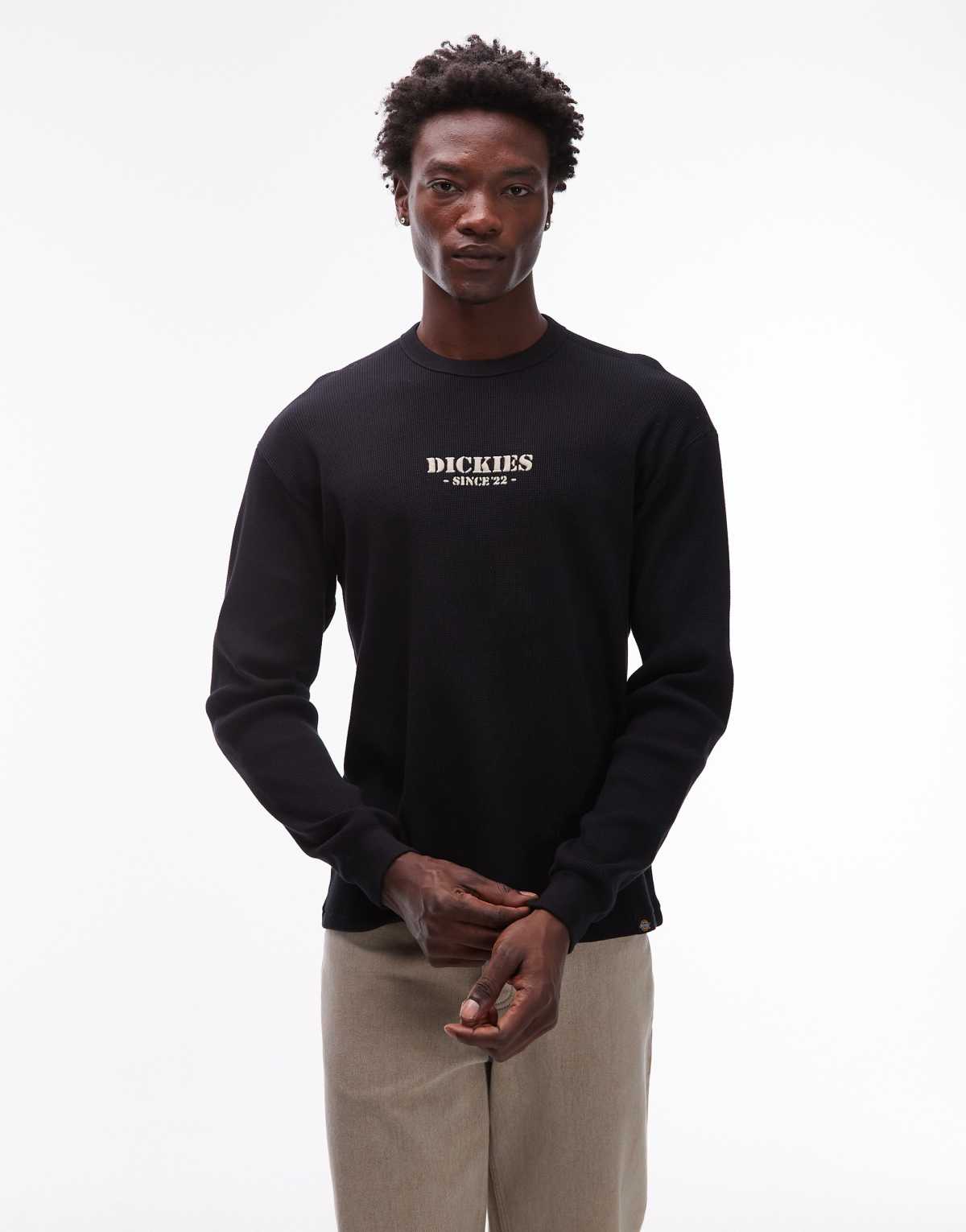 Dickies waffle long sleeve t-shirt with central logo in black